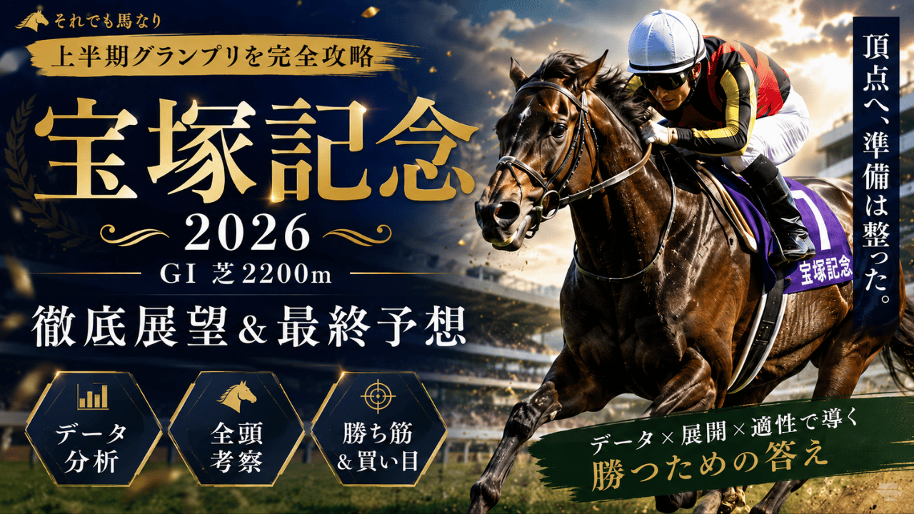 宝塚記念2026の予想記事アイキャッチ。競走馬と騎手を背景に、全頭考察・データ分析・最終予想を訴求した16対9デザイン。